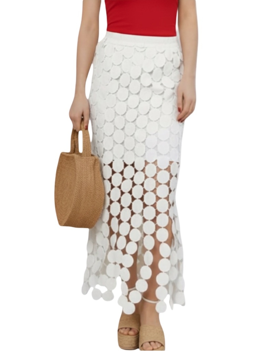 🍒NEW Laser Cut Circle Double Layered High Waist Midi Skirt in Snow, Size Medium